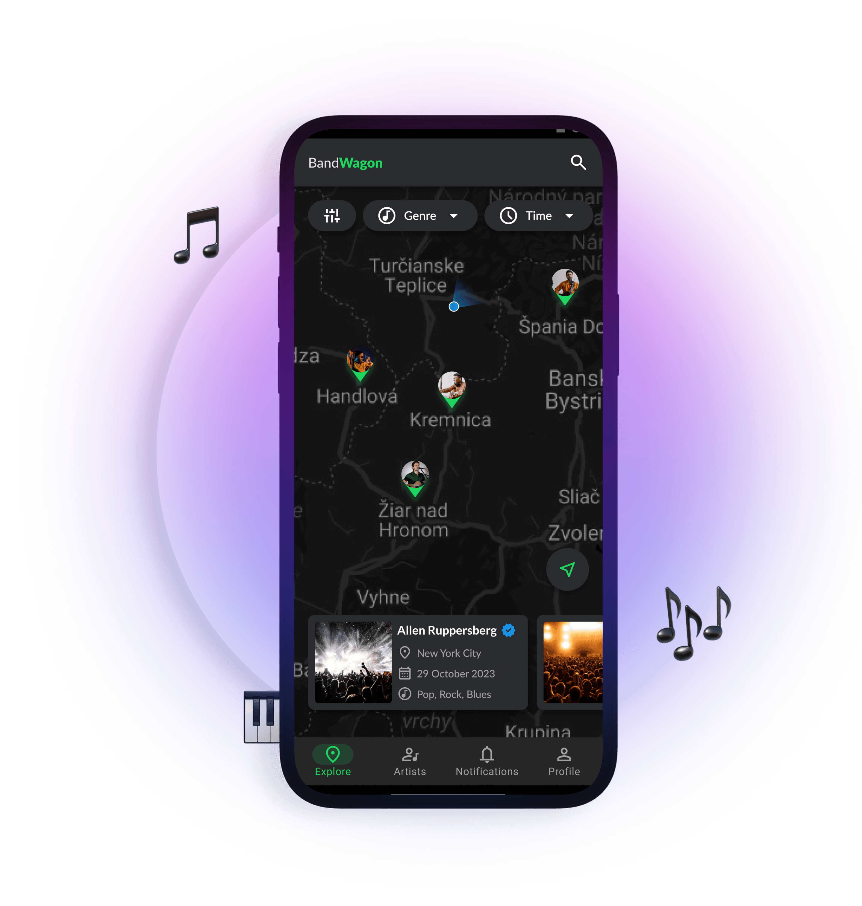 BandWagon mobile app interface - live concert discovery